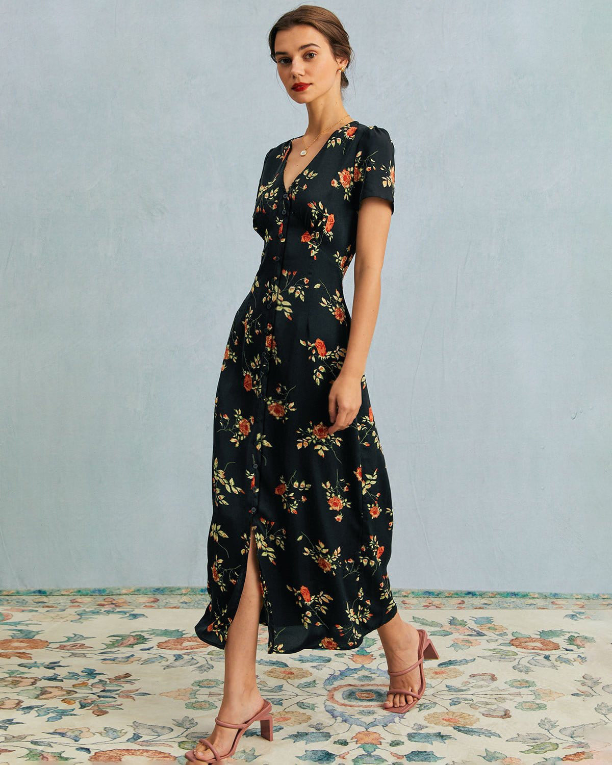 V Neck Floral Short Sleeve Maxi Dress