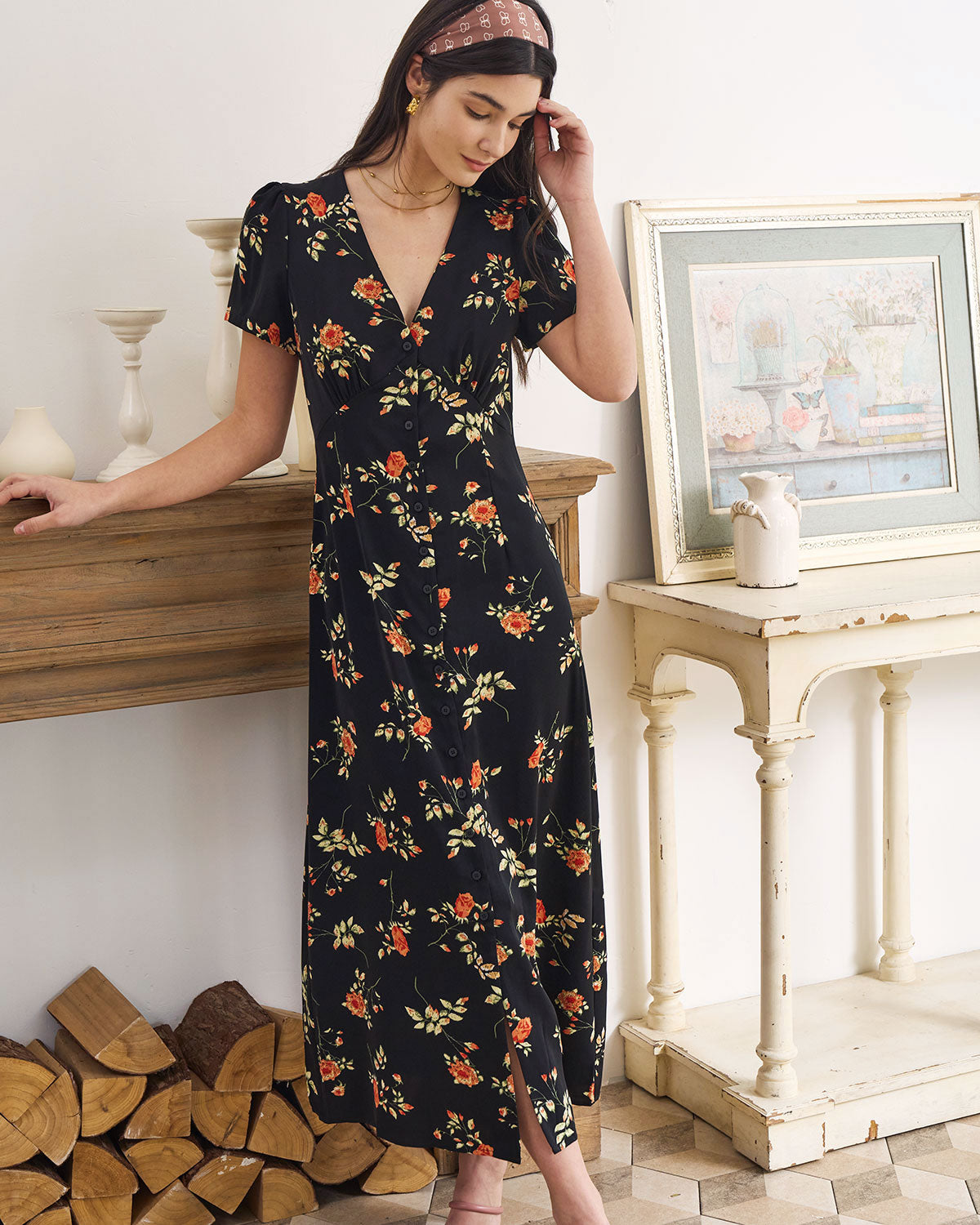 The Black V Neck Floral Short Sleeve Maxi Dress - Short Sleeve