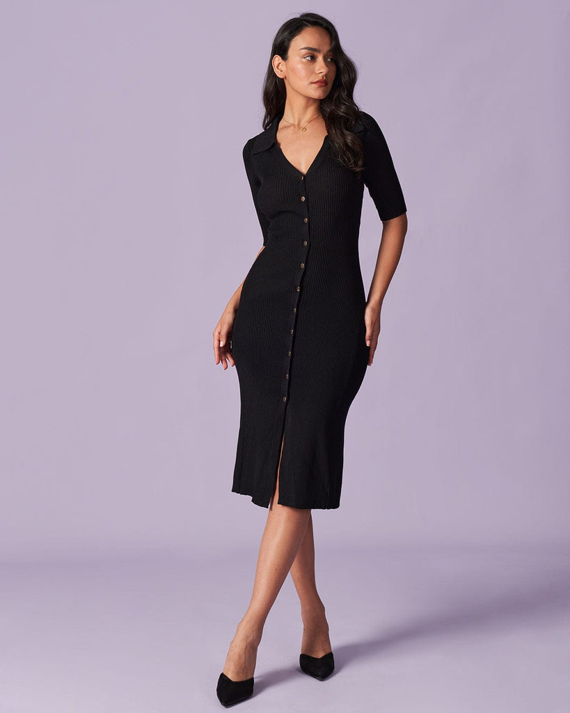 The Black V-Neck Button Ribbed Midi Dress Black Dresses - RIHOAS