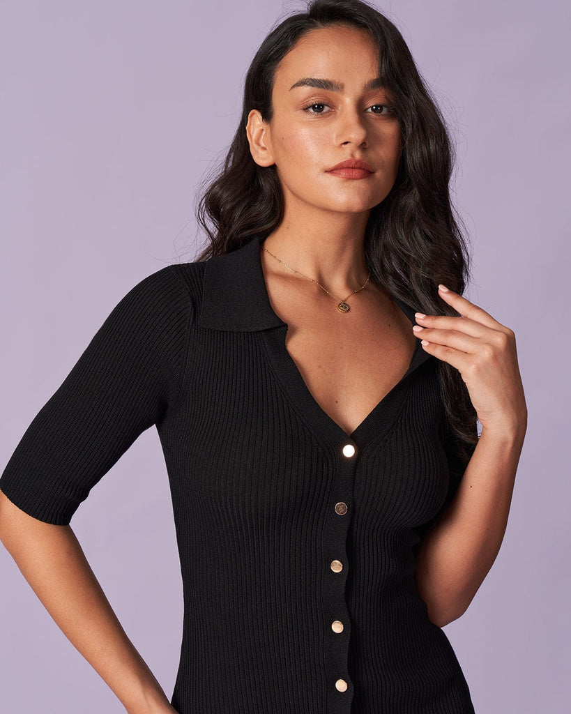 The Black V-Neck Button Ribbed Midi Dress Dresses - RIHOAS