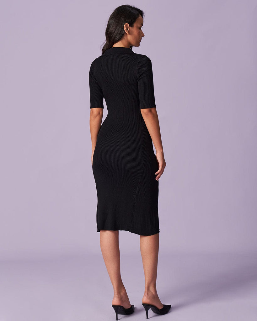 The Black V-Neck Button Ribbed Midi Dress Dresses - RIHOAS