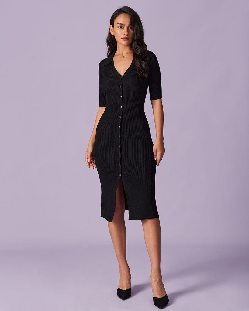 The Black V-Neck Button Ribbed Midi Dress Dresses - RIHOAS