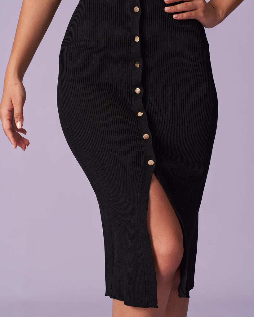 The Black V-Neck Button Ribbed Midi Dress Dresses - RIHOAS