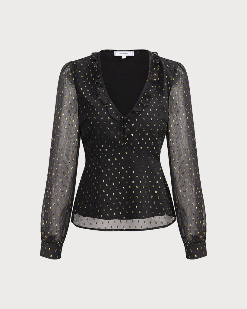 The Black V-Neck Dobby Mesh Blouse Tops - RIHOAS