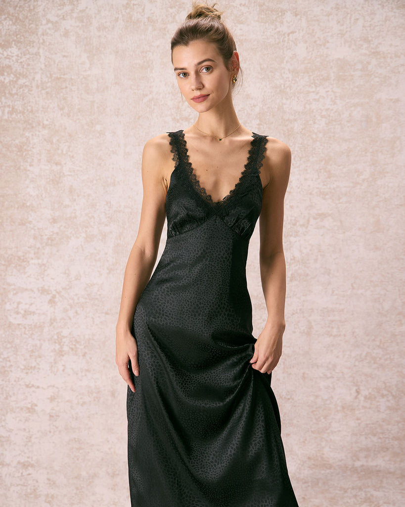 The Black V-Neck Lace Jacquard Maxi Dress Dresses - RIHOAS