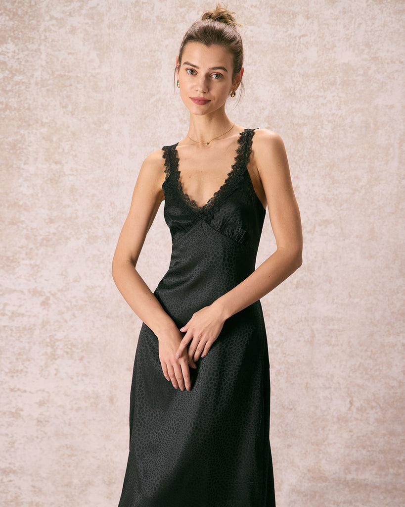 The Black V-Neck Lace Jacquard Maxi Dress Dresses - RIHOAS