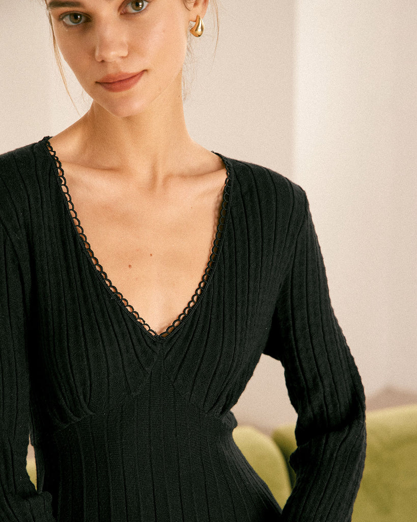 The Black V-Neck Lace Trim Sweater Dress Dresses - RIHOAS