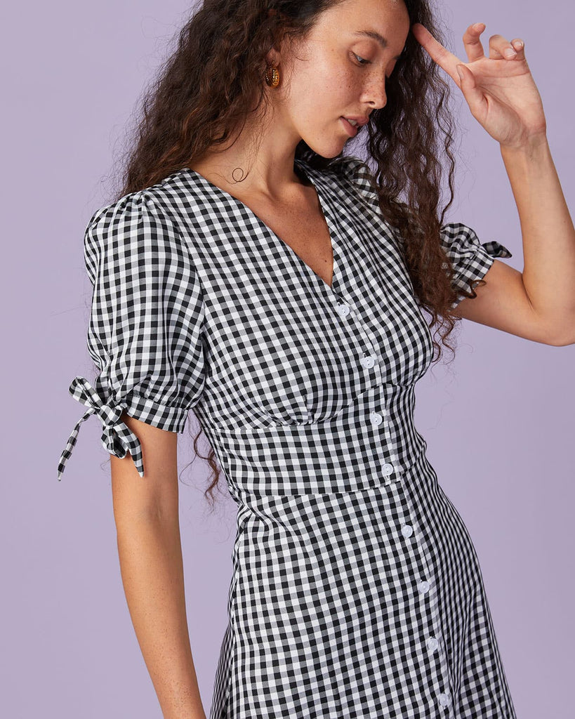 The Black V-Neck Plaid Button Midi Dress Dresses - RIHOAS