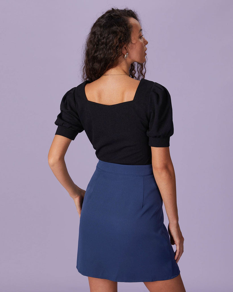 The Black V-Neck Scalloped Blouse Tops - RIHOAS