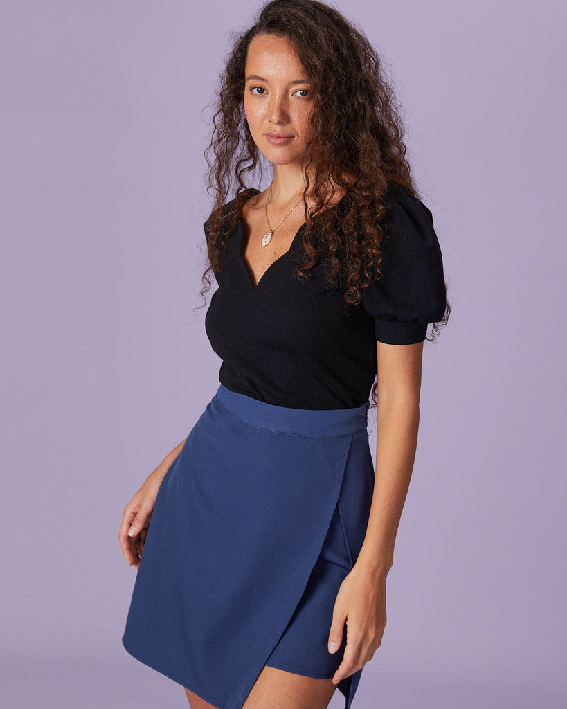 The Black V-Neck Scalloped Blouse Tops - RIHOAS