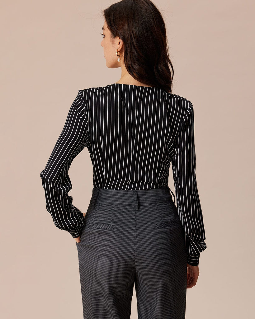 The Black V-Neck Striped Blouse Tops - RIHOAS
