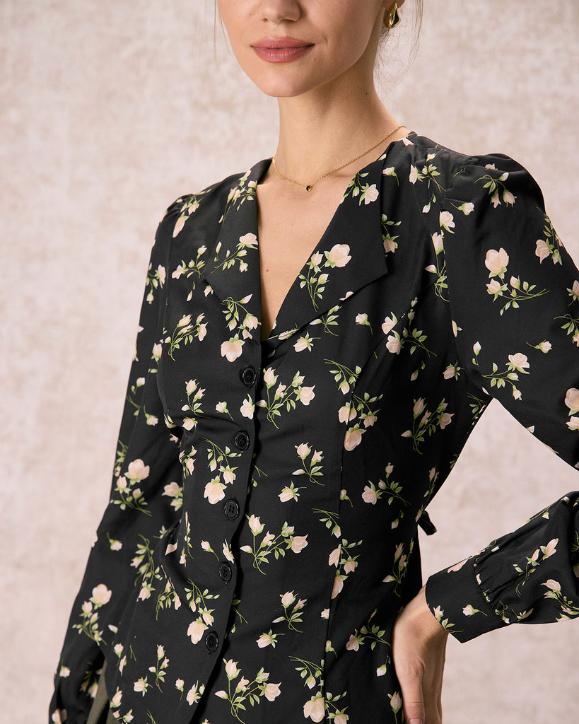 The Black V Neck Floral Button Shirt Tops - RIHOAS