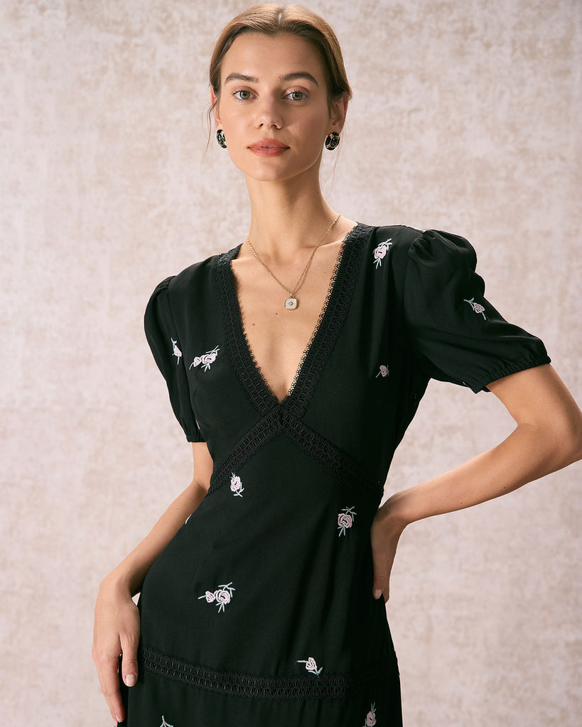 The Black V Neck Floral Embroidery Midi Dress Dresses - RIHOAS
