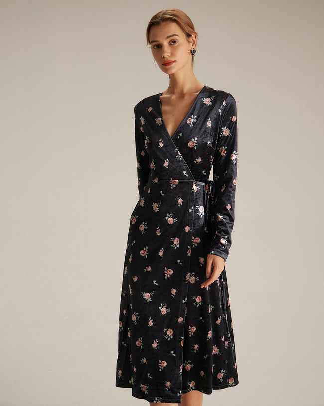 The Black V Neck Floral Velvet Midi Dress Dresses - RIHOAS