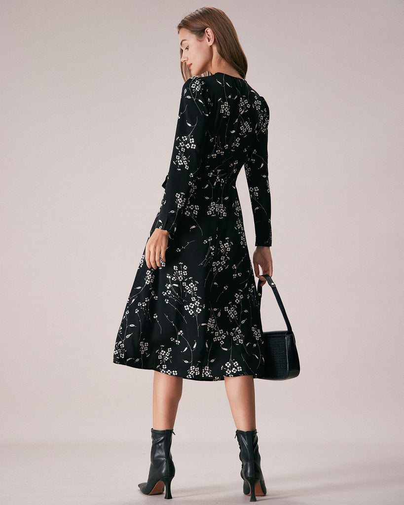 The Black V Neck Floral Wrap Midi Dress Dresses - RIHOAS