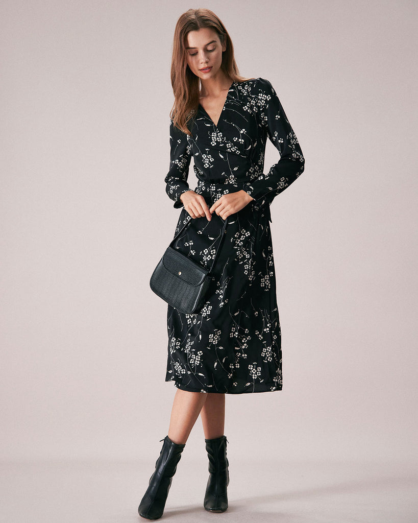The Black V Neck Floral Wrap Midi Dress Dresses - RIHOAS