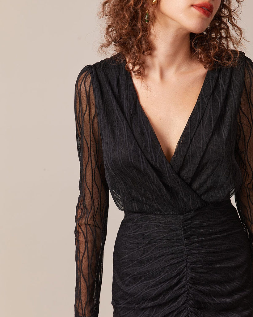 The Black V-neck Lace Midi Dress Dresses - RIHOAS