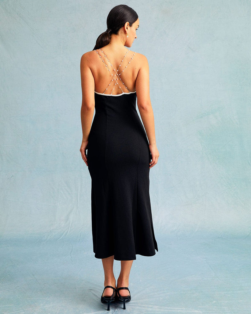 The Black V-neck Pearl Beaded Midi Dress Dresses - RIHOAS