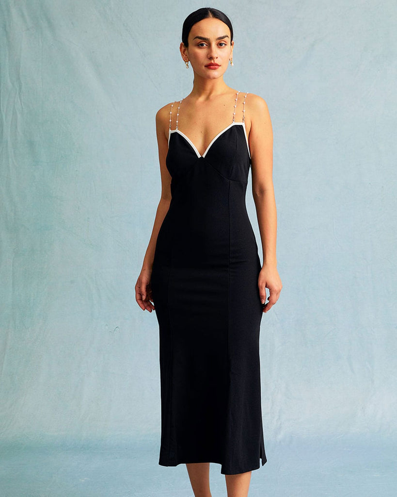 The Black V-neck Pearl Beaded Midi Dress Dresses - RIHOAS