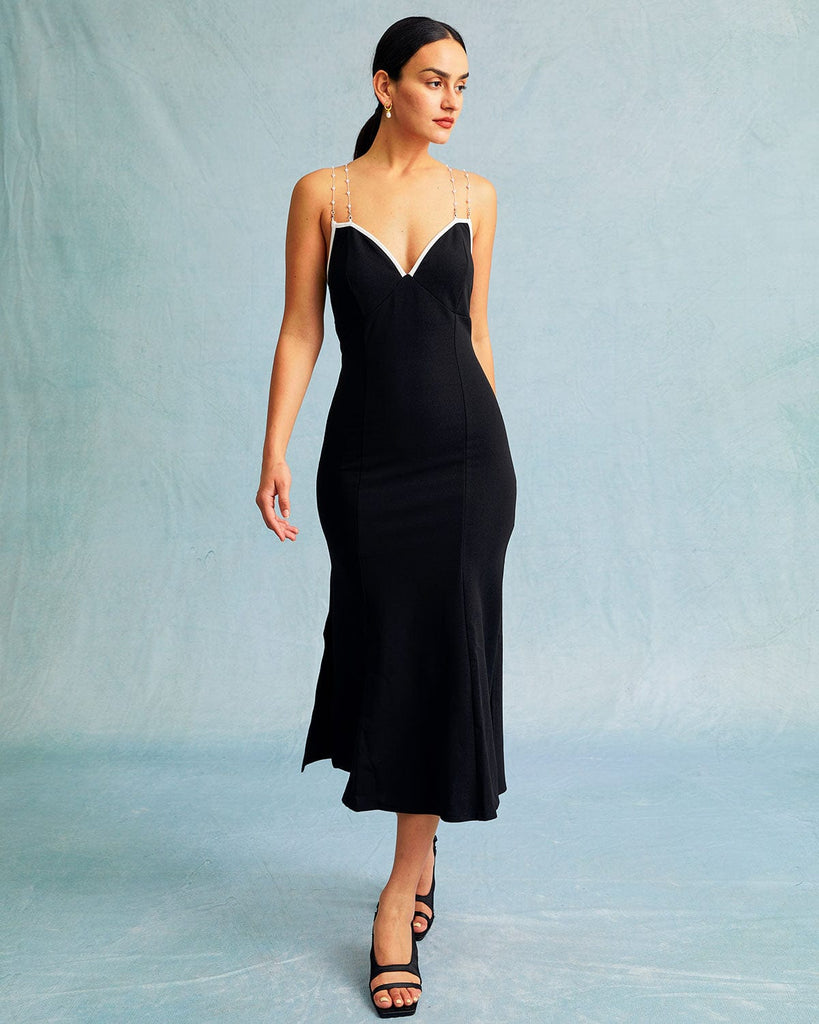 The Black V-neck Pearl Beaded Midi Dress Dresses - RIHOAS