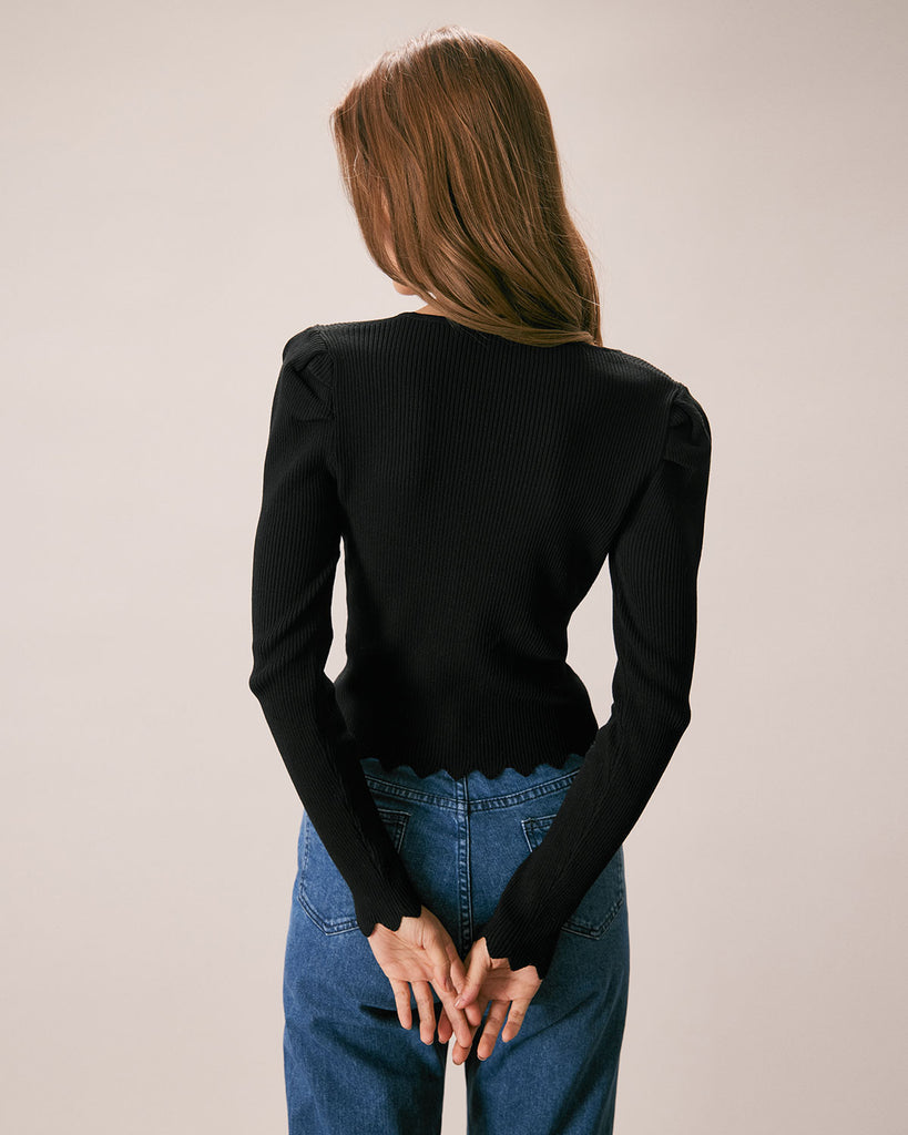 The Black V Neck Pearl Button Knit Top Tops - RIHOAS
