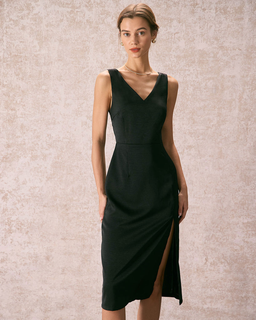 The Black V Neck Satin Midi Dress Black Dresses - RIHOAS