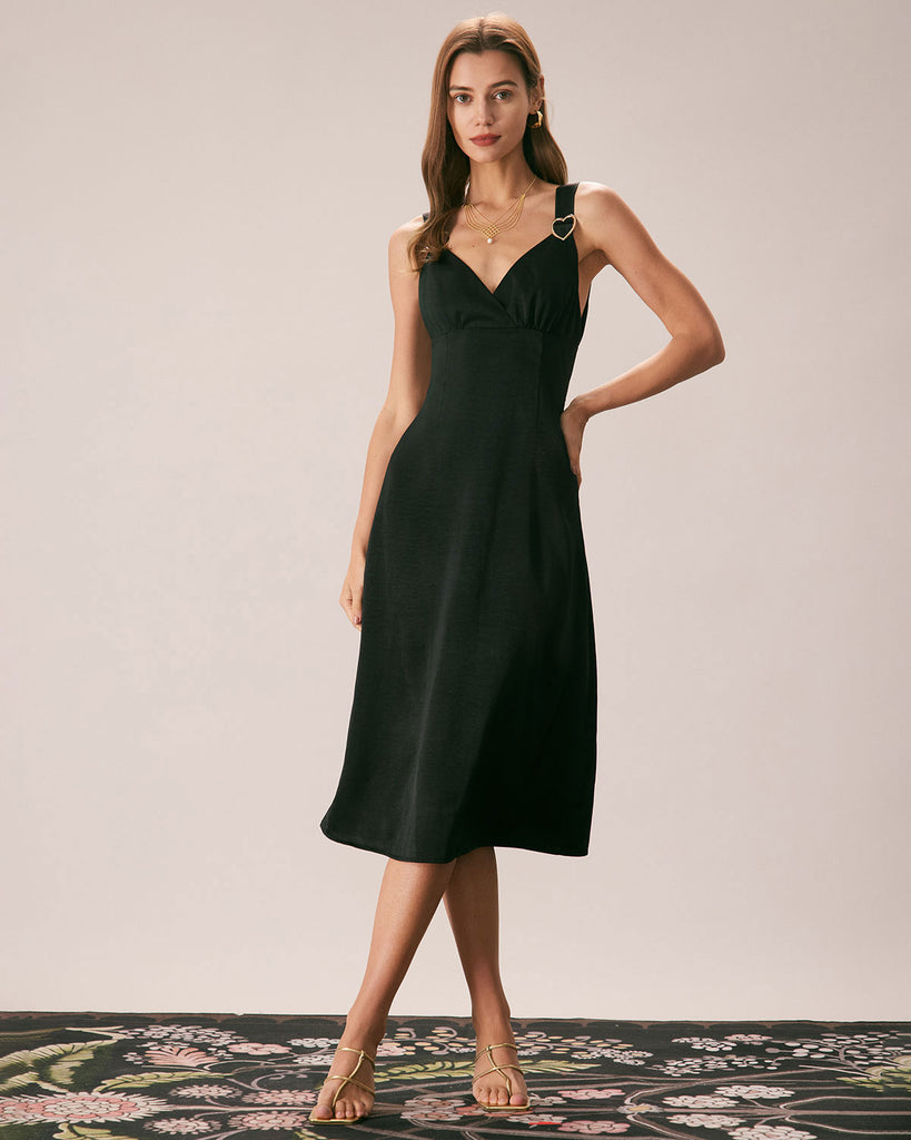 The Black V Neck Satin Midi Dress Dresses - RIHOAS