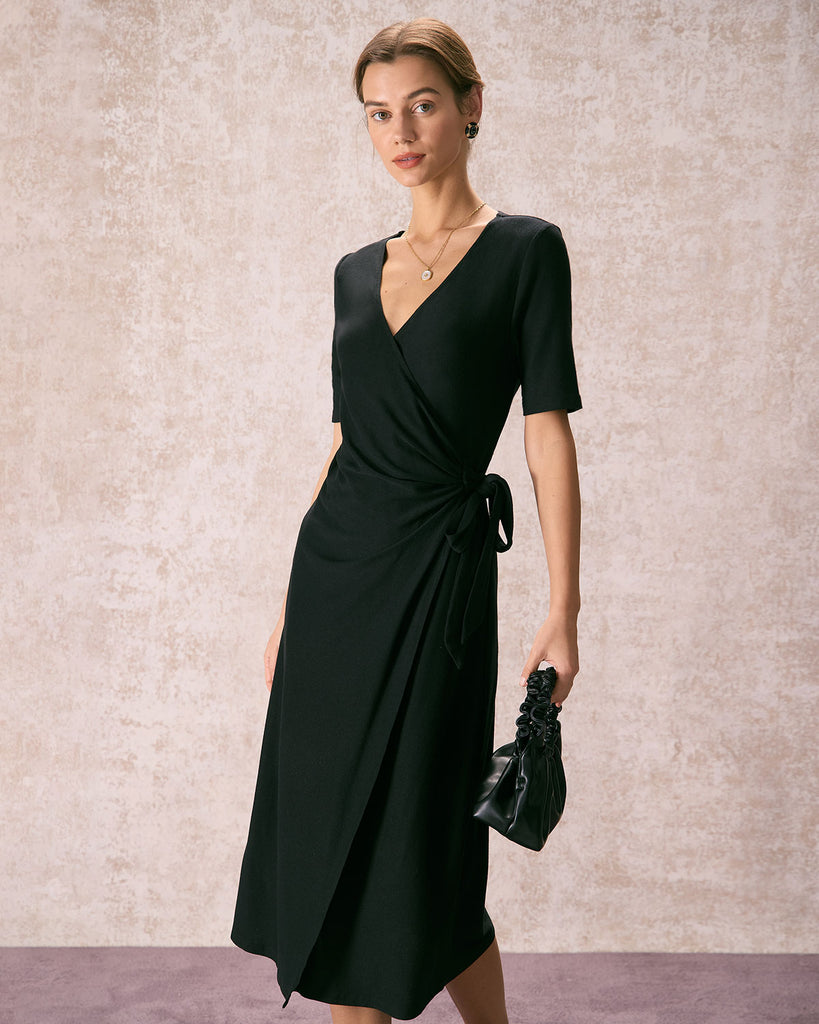 The Black V Neck Solid Wrap Midi Dress Black Dresses - RIHOAS