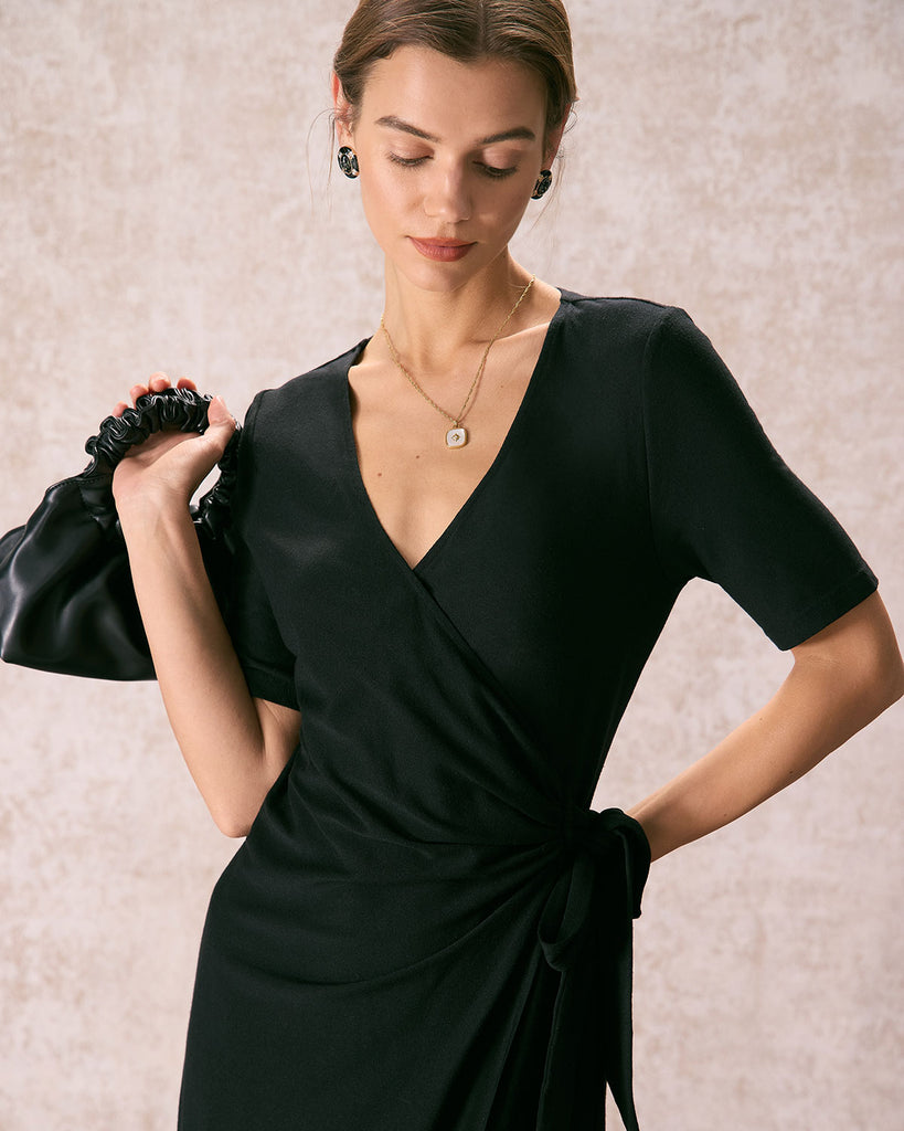 The Black V Neck Solid Wrap Midi Dress Dresses - RIHOAS