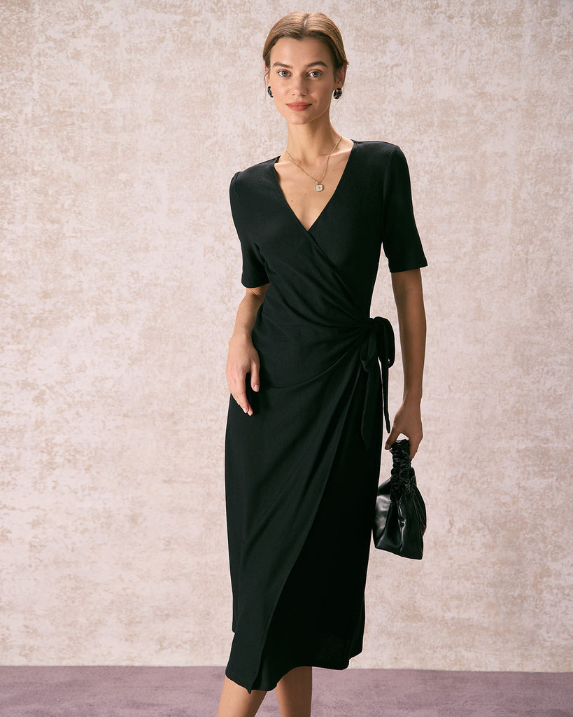 The Black V Neck Solid Wrap Midi Dress Dresses - RIHOAS