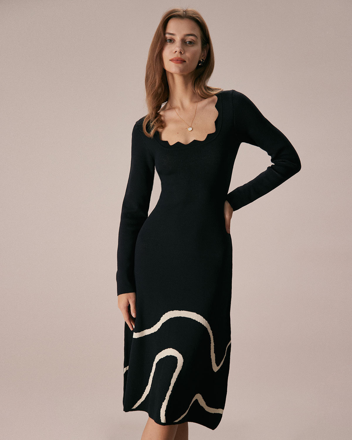 Rihoas Scalloped Neck Long Sleeve Abstract Wave Print Knit Slim Fit Sweater A Line Midi Dress, Black / M