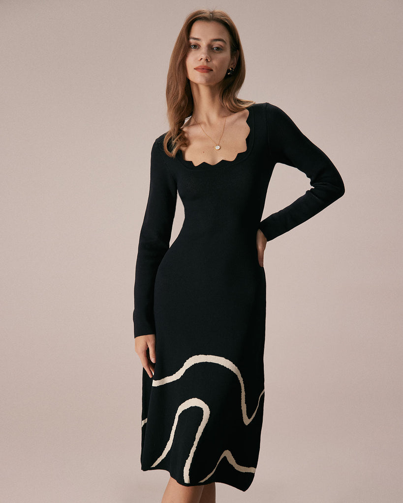 The Black Wave Scalloped Sweater Dress Black Dresses - RIHOAS