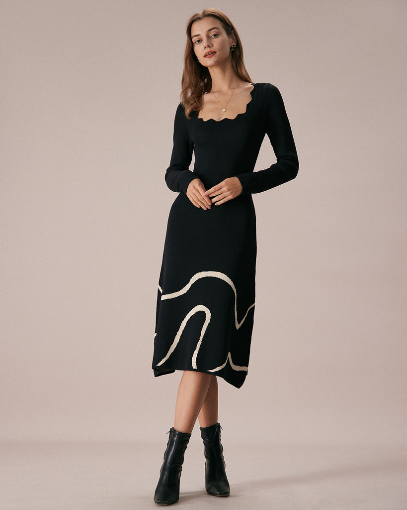 The Black Wave Scalloped Sweater Dress Dresses - RIHOAS