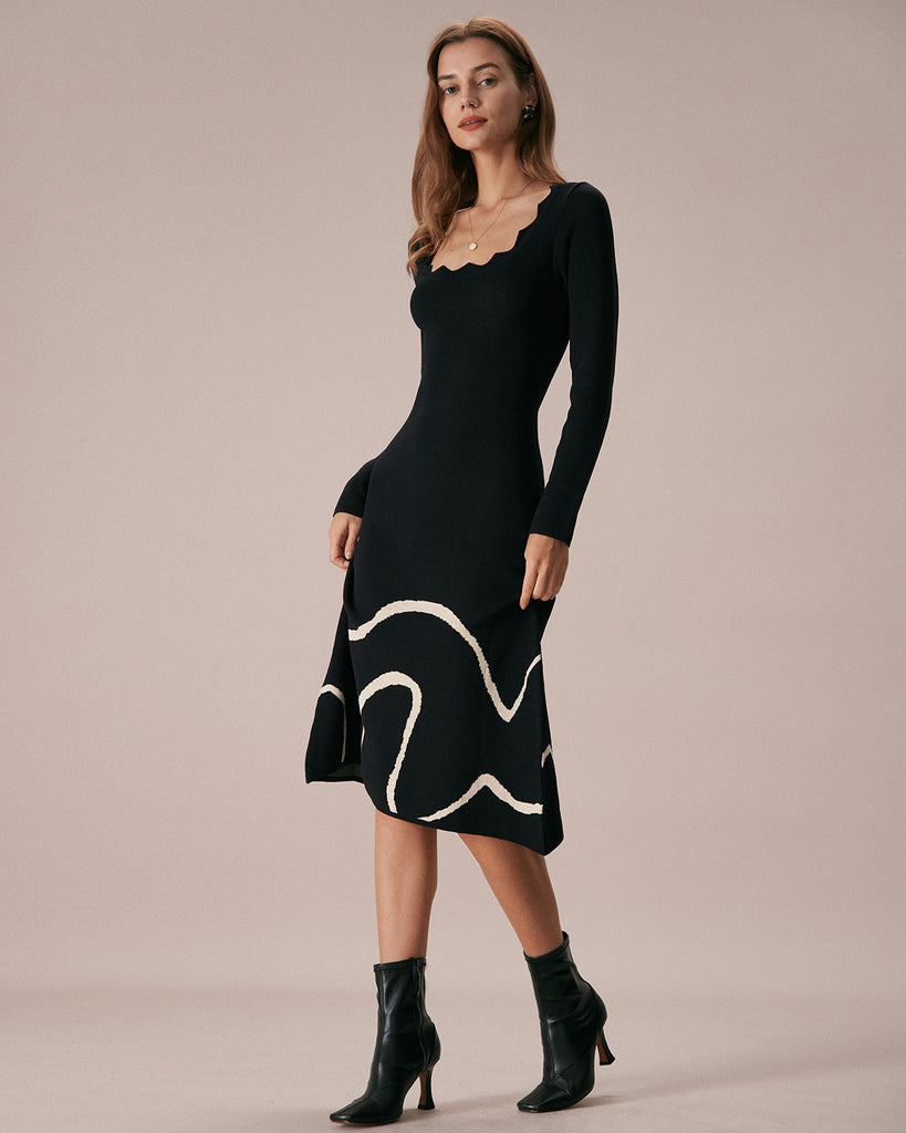 The Black Wave Scalloped Sweater Dress Dresses - RIHOAS