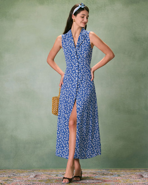 The Blue Collared Button-up Floral Maxi Dress \u0026 Reviews - Blue - Dresses |  RIHOAS