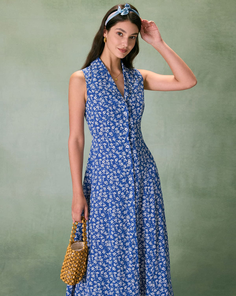 The Blue Collared Floral Maxi Dress Dresses - RIHOAS