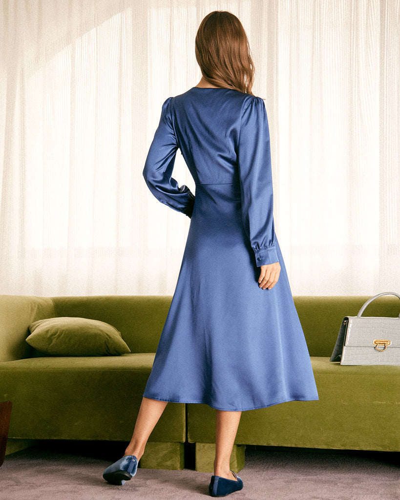 The Blue Deep V Neck Satin Midi Dress Dresses - RIHOAS
