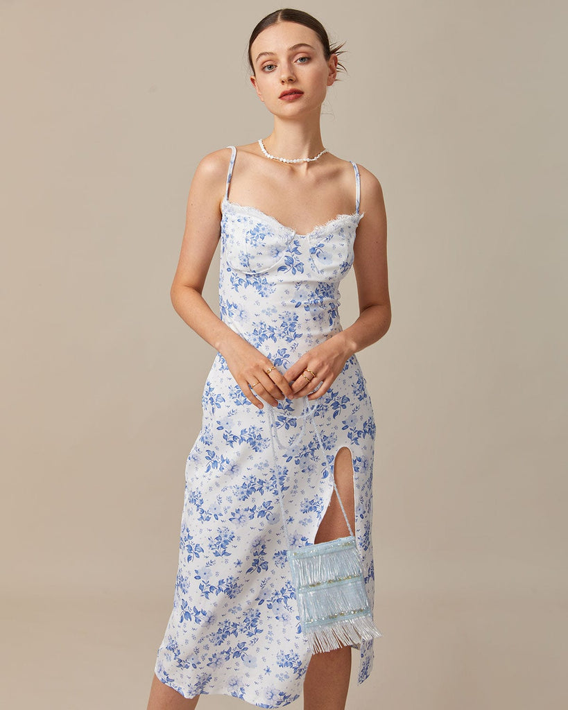 The Blue Floral Lace Slit Midi Dress Blue Dresses - RIHOAS