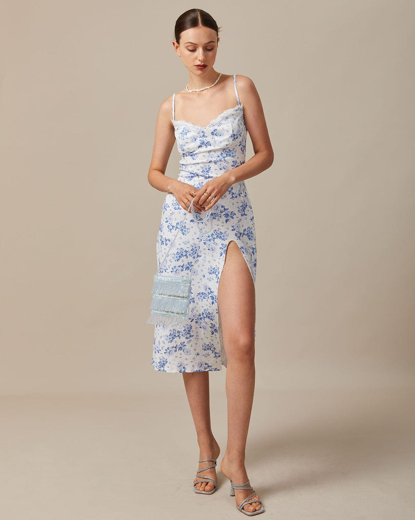 The Blue Floral Lace Slit Midi Dress Dresses - RIHOAS