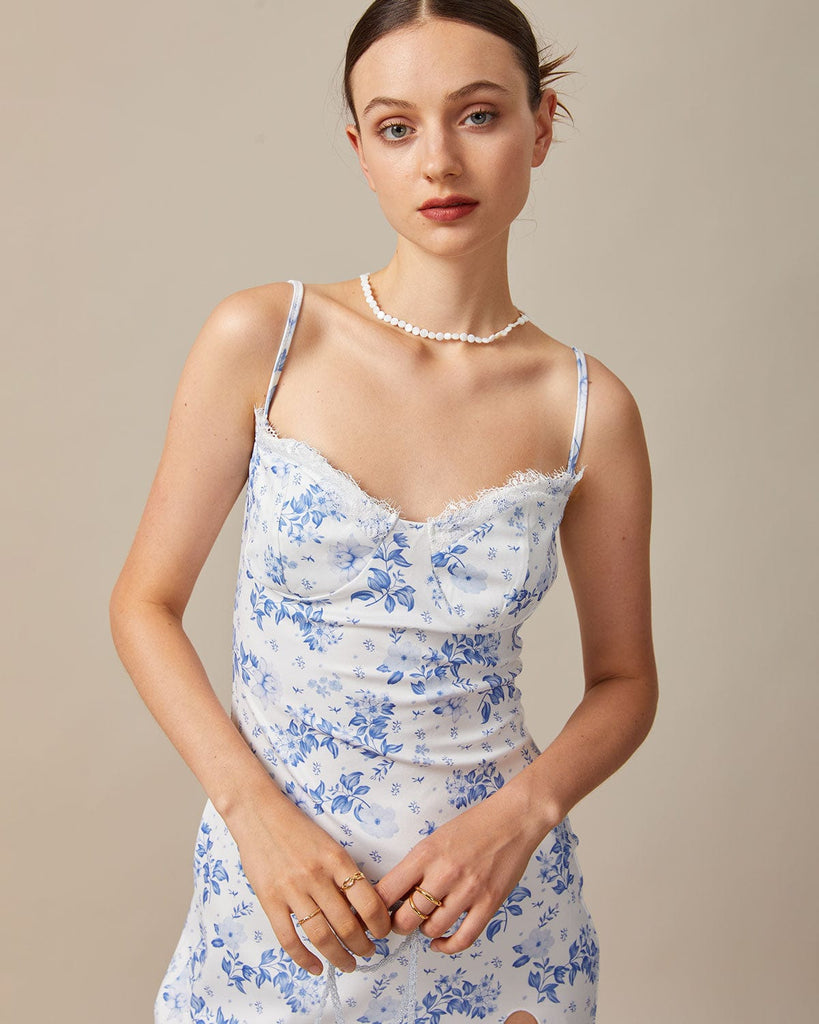 The Blue Floral Lace Slit Midi Dress Dresses - RIHOAS