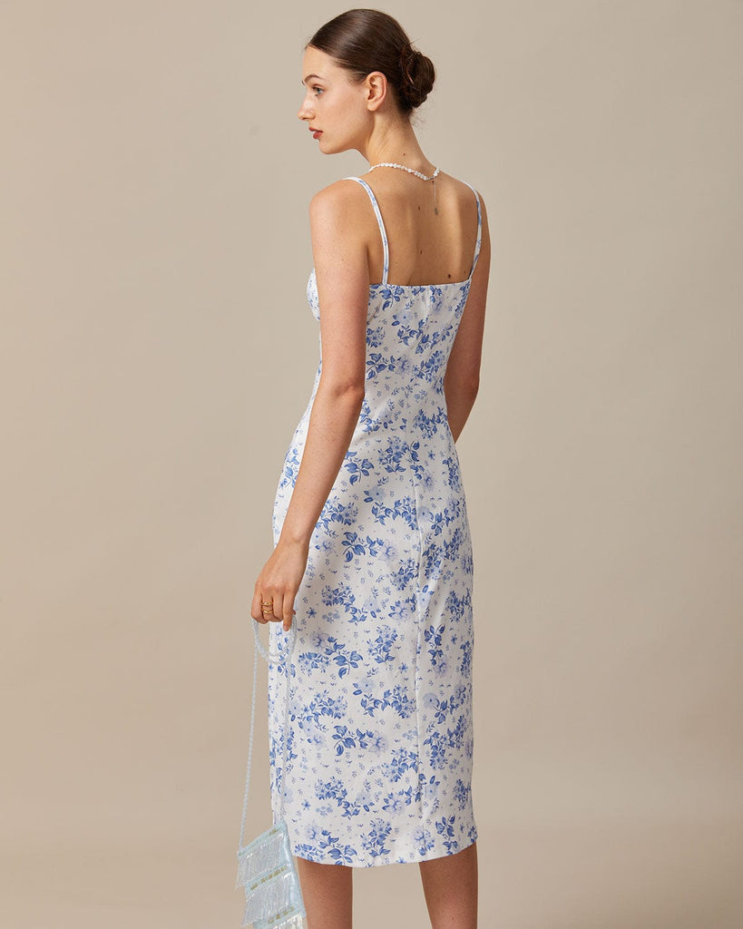 The Blue Floral Lace Slit Midi Dress Dresses - RIHOAS