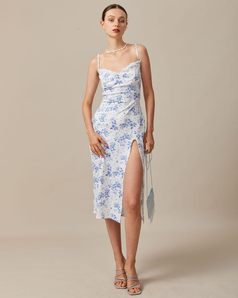 The Blue Floral Lace Slit Midi Dress Dresses - RIHOAS