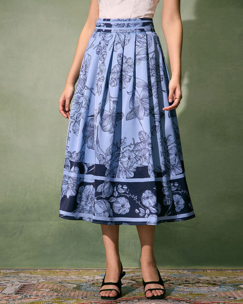 The Blue High Waisted Floral Midi Skirt Blue Bottoms - RIHOAS