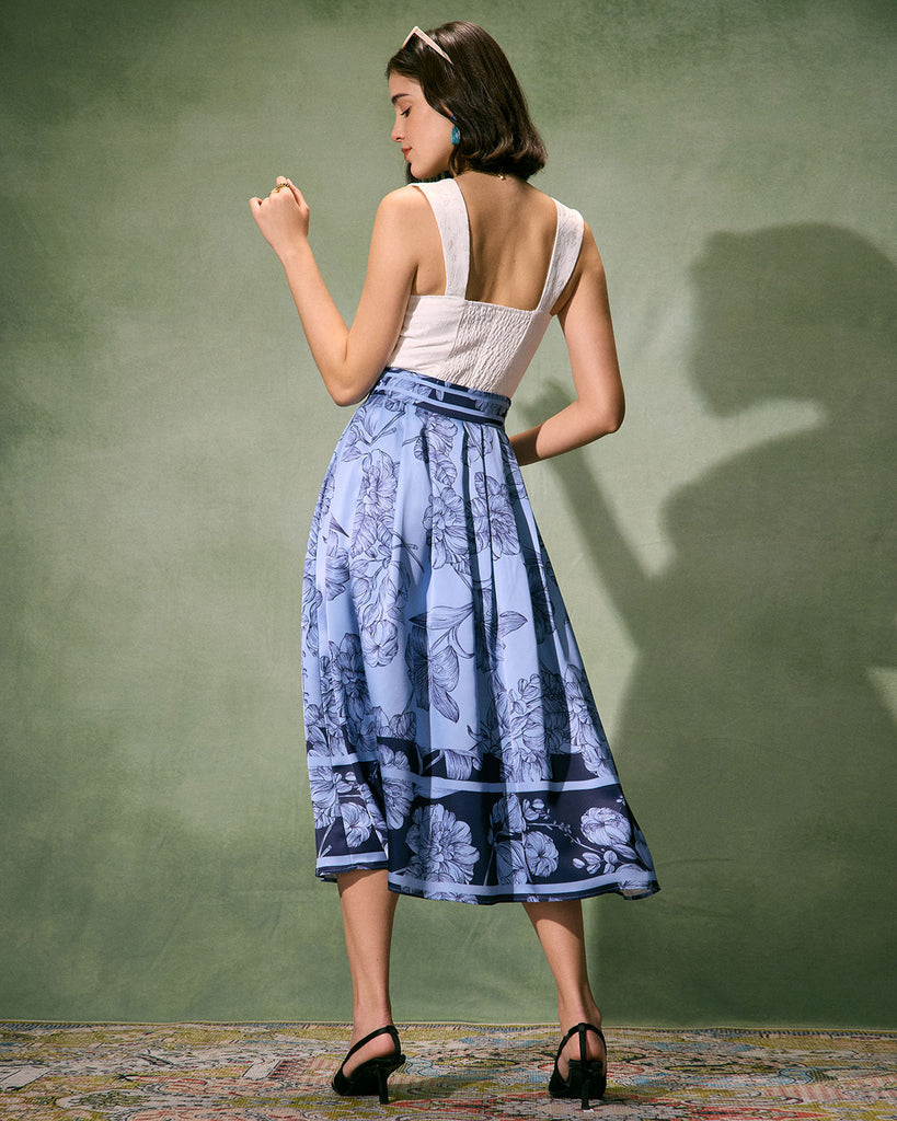 The Blue High Waisted Floral Midi Skirt Bottoms - RIHOAS