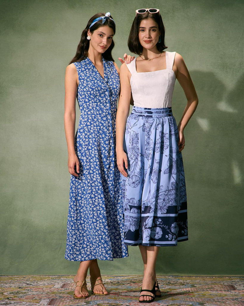 The Blue High Waisted Floral Midi Skirt Bottoms - RIHOAS