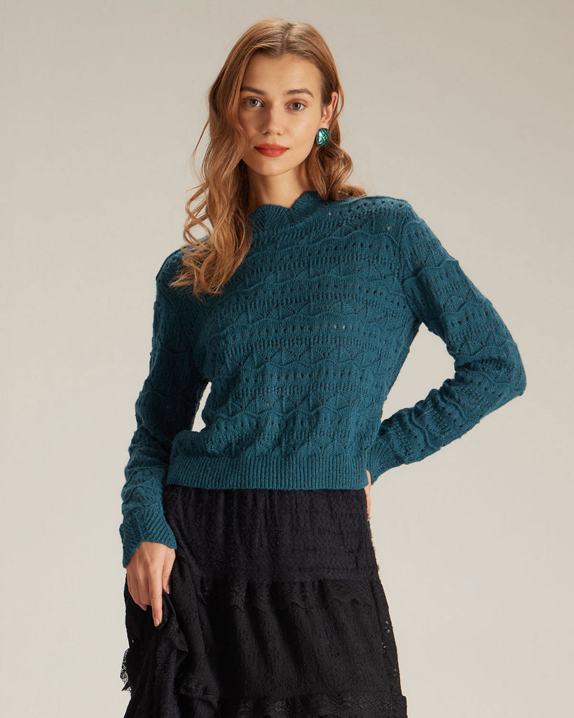 The Blue Mock Neck Pointelle Knit Top Blue Tops - RIHOAS