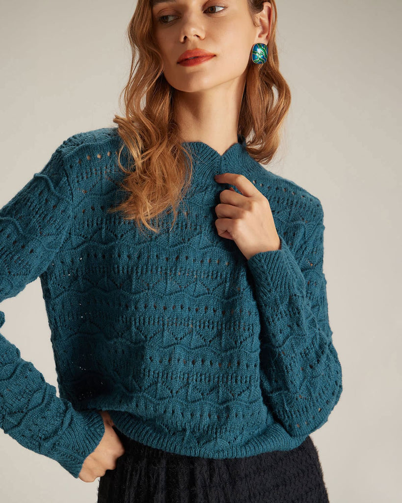 The Blue Mock Neck Pointelle Knit Top Tops - RIHOAS