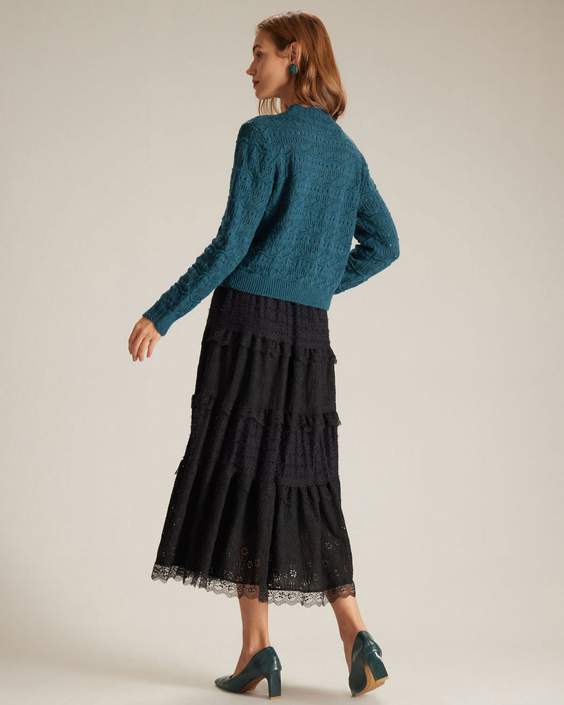 The Blue Mock Neck Pointelle Knit Top Tops - RIHOAS