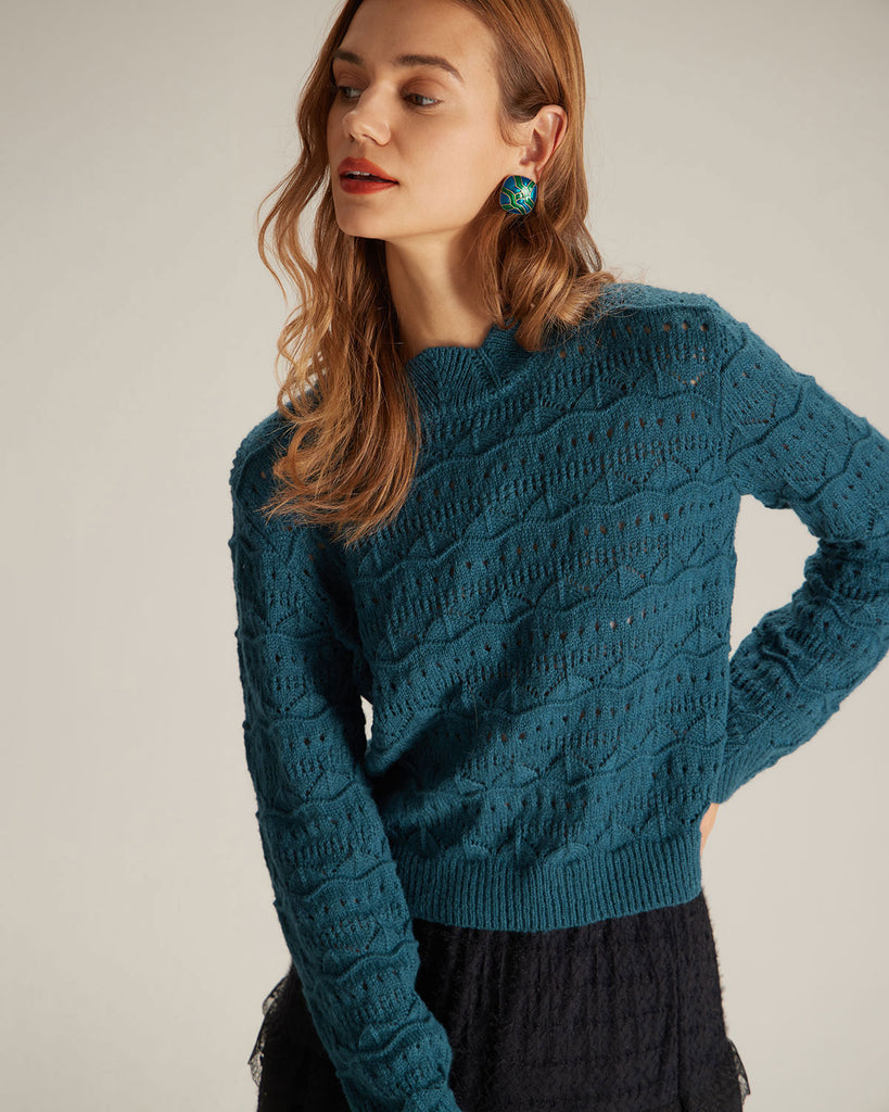 The Blue Mock Neck Pointelle Knit Top Tops - RIHOAS