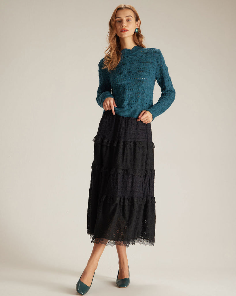 The Blue Mock Neck Pointelle Knit Top Tops - RIHOAS